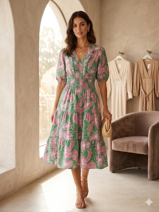 Tuckernuck Dresses & Skirts - TUCKERNUCK MEADOW RHODES Floral Tiered Smocked Midi Dress Pink and Green (102)